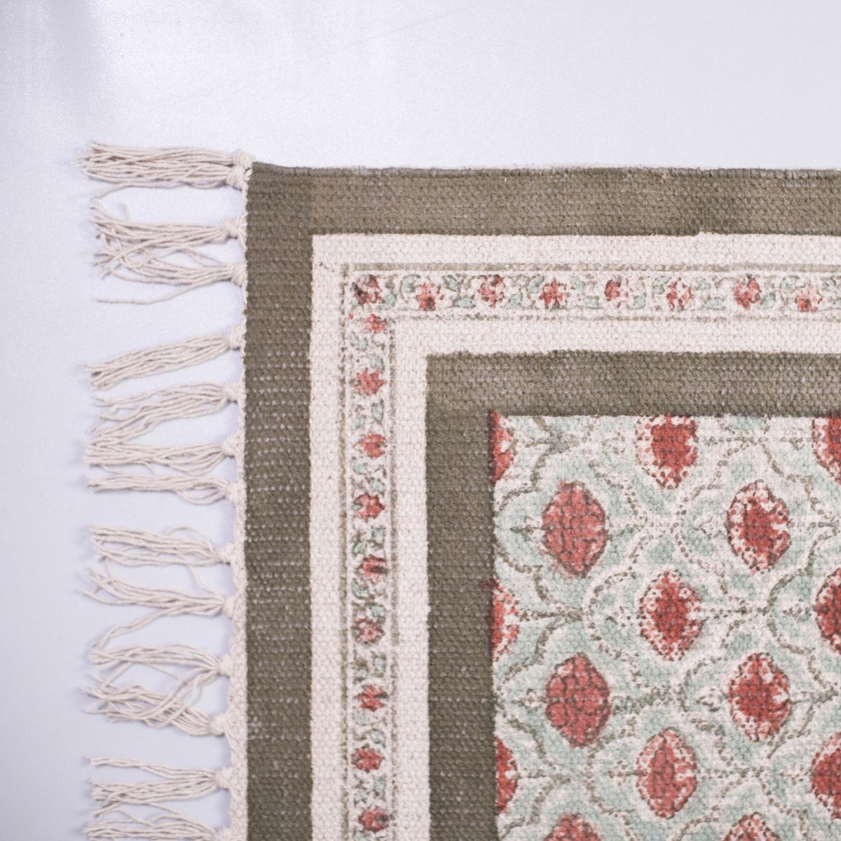 Cotton Floor Rug hand block printed in Green and Dusty Pink Colours with a Floral Design for Living Room and Bedroom| Soft Washable Area Rug