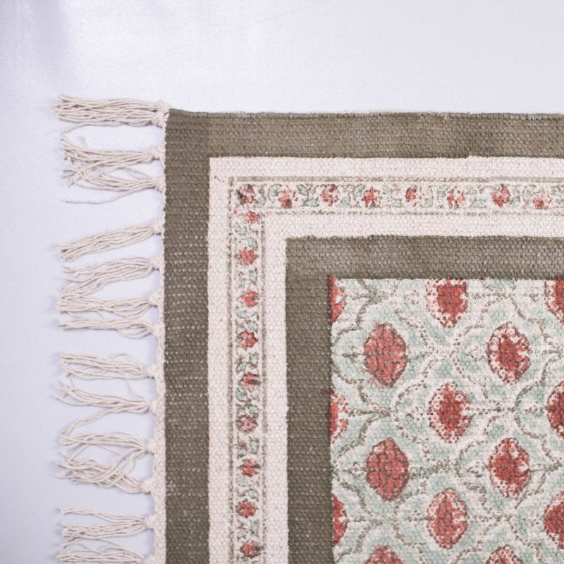 Cotton Floor Rug hand block printed in Green and Dusty Pink Colours with a Floral Design for Living Room and Bedroom| Soft Washable Area Rug