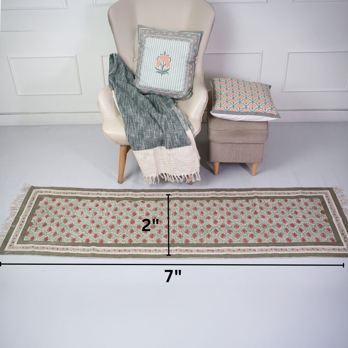 Cotton Floor Rug hand block printed in Green and Dusty Pink Colours with a Floral Design for Living Room and Bedroom| Soft Washable Area Rug