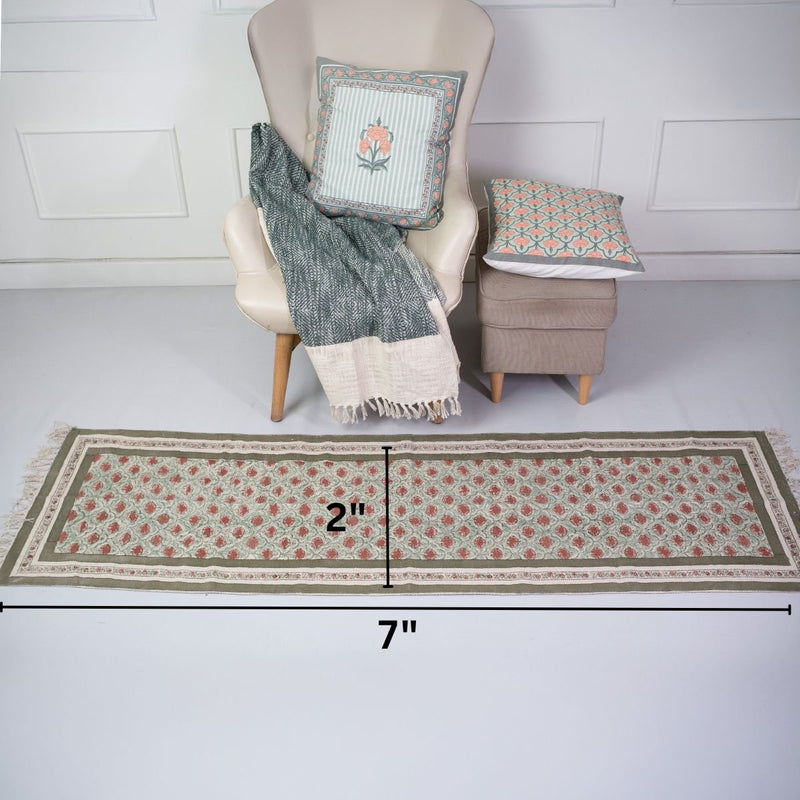 Cotton Floor Rug hand block printed in Green and Dusty Pink Colours with a Floral Design for Living Room and Bedroom| Soft Washable Area Rug