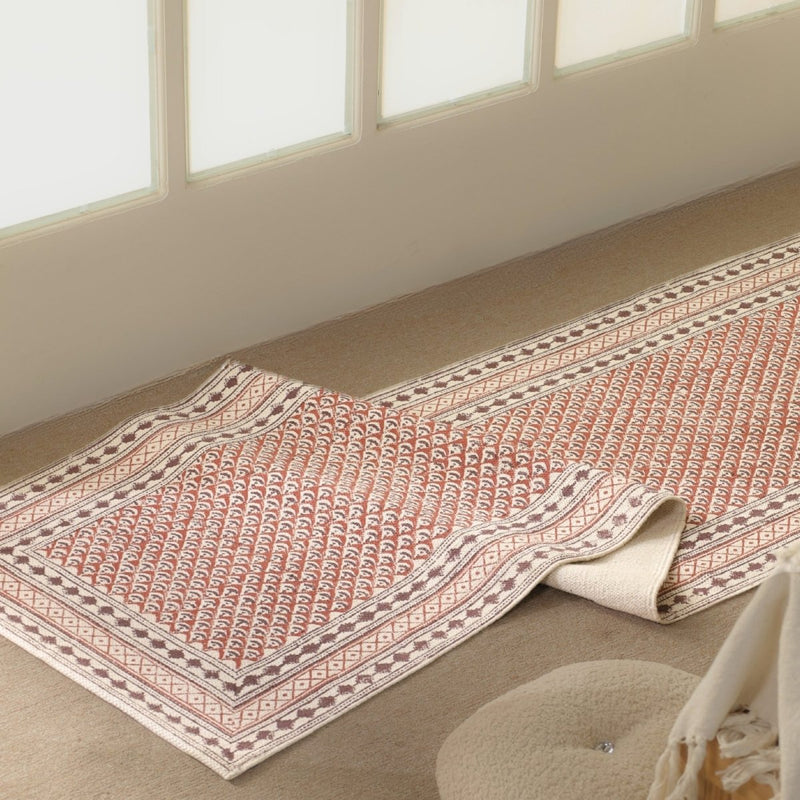 Cotton Floor Rug for Living Room and Bedroom handprinted in Maroon and Black Colour| Soft Washable Area Rug