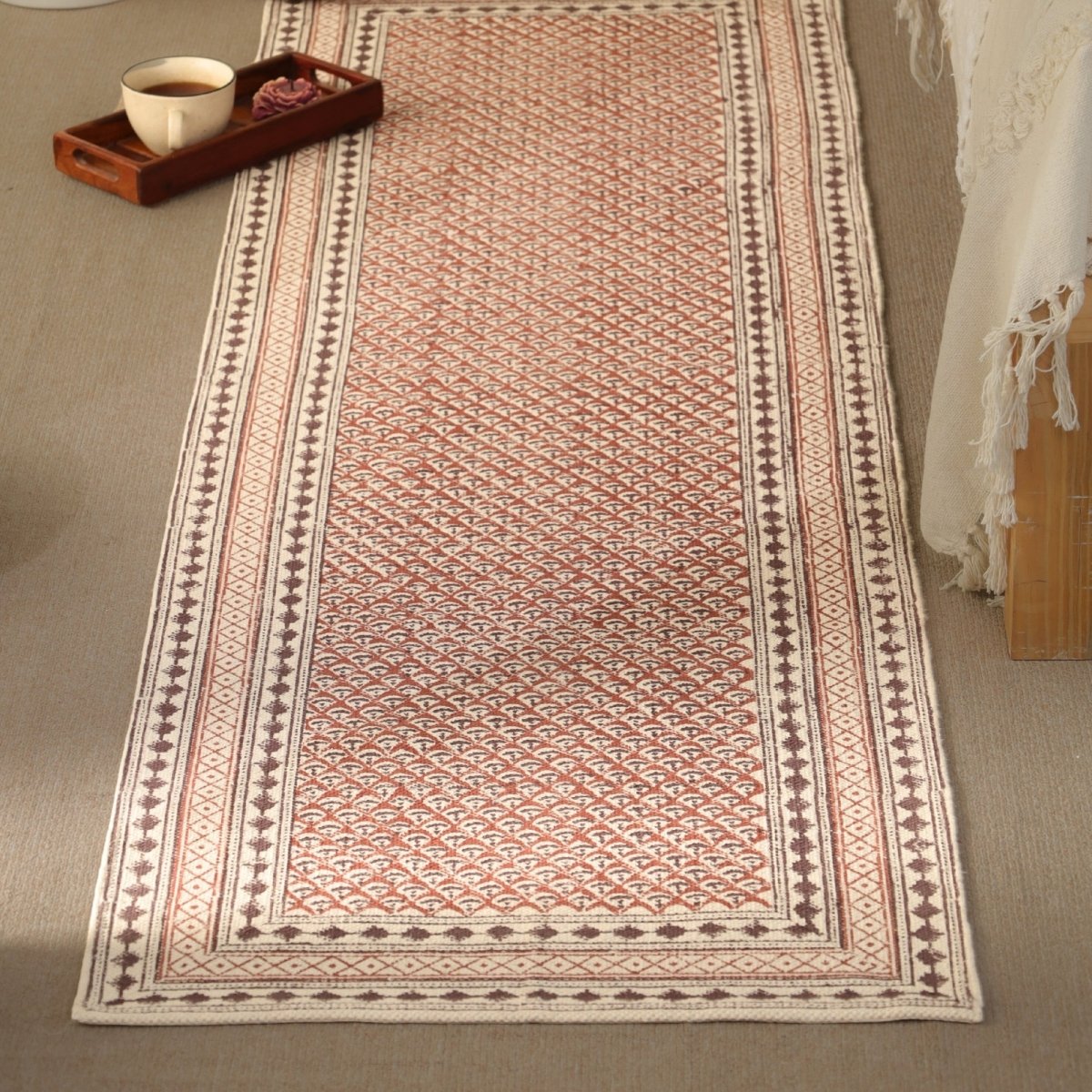 Cotton Floor Rug for Living Room and Bedroom handprinted in Maroon and Black Colour| Soft Washable Area Rug