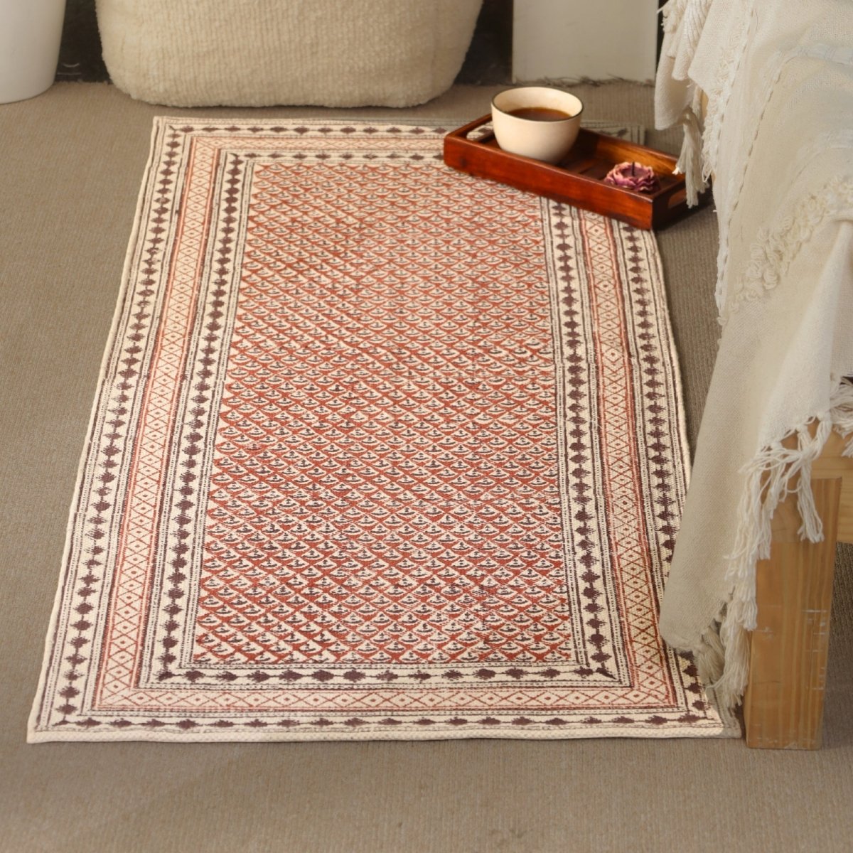 Cotton Floor Rug for Living Room and Bedroom handprinted in Maroon and Black Colour| Soft Washable Area Rug