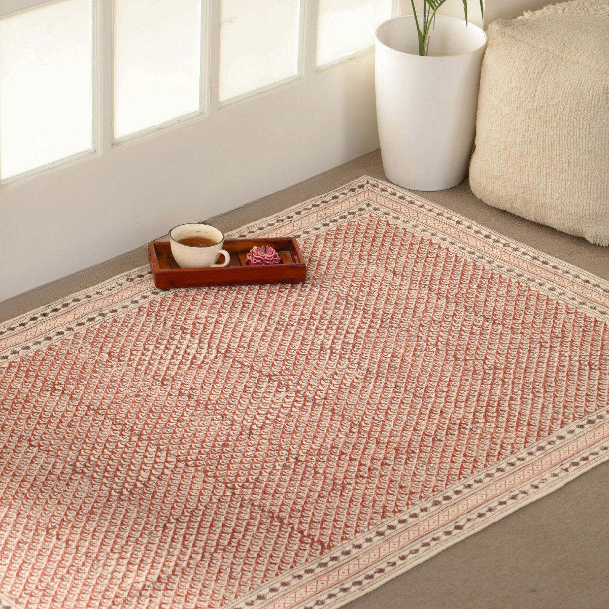 Cotton Floor Rug for Living Room and Bedroom handprinted in Maroon and Black Colour| Soft Washable Area Rug