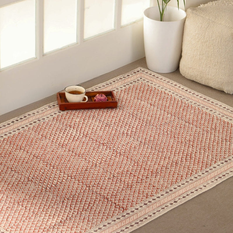 Cotton Floor Rug for Living Room and Bedroom handprinted in Maroon and Black Colour| Soft Washable Area Rug