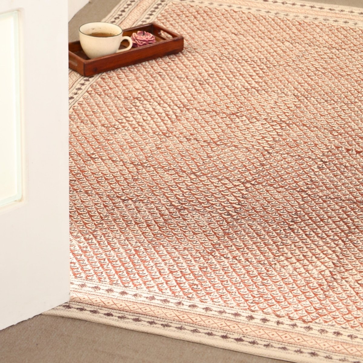 Cotton Floor Rug for Living Room and Bedroom handprinted in Maroon and Black Colour| Soft Washable Area Rug