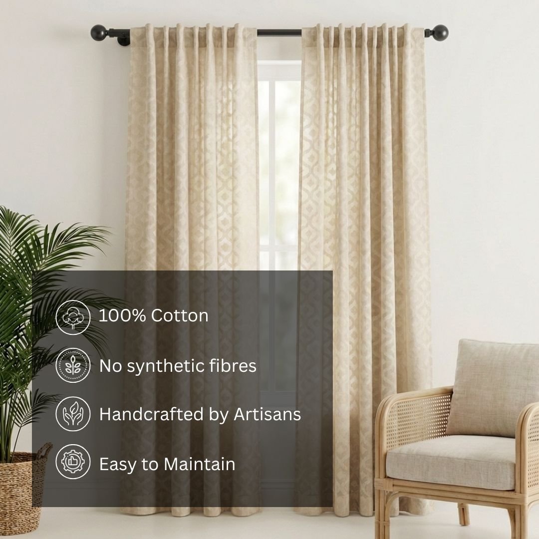 Cotton Semi Sheer Window Curtains |5 and 7 Feet | Handwoven Beige and White Cutwork| Handmade In India - 7 Feet / Pack Of 1 / White