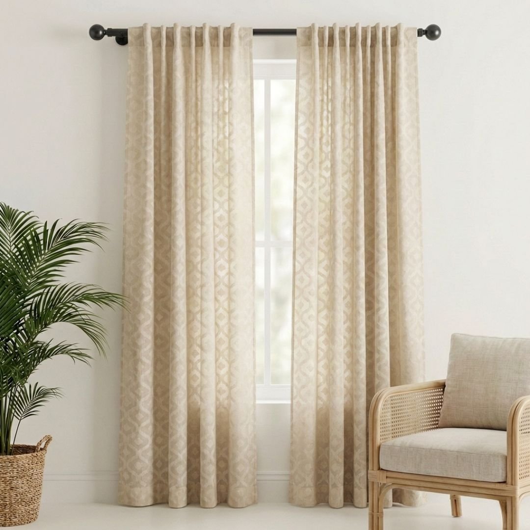 Cotton Semi Sheer Window Curtains |5 and 7 Feet | Handwoven Beige and White Cutwork| Handmade In India - 7 Feet / Pack Of 1 / White