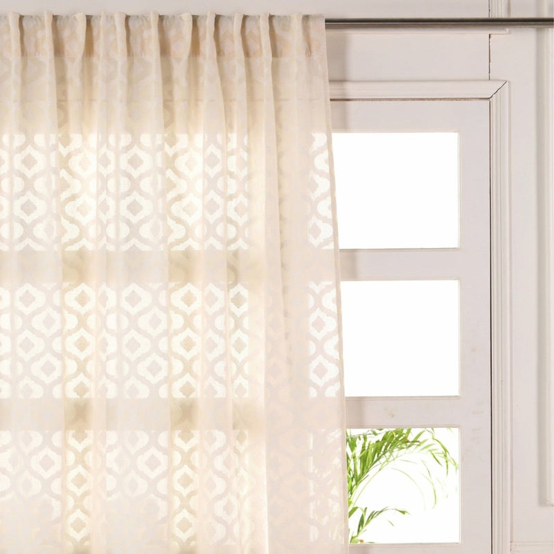 Cotton Semi Sheer Window Curtains |5 and 7 Feet | Handwoven Beige and White Cutwork| Handmade In India - 7 Feet / Pack Of 1 / White
