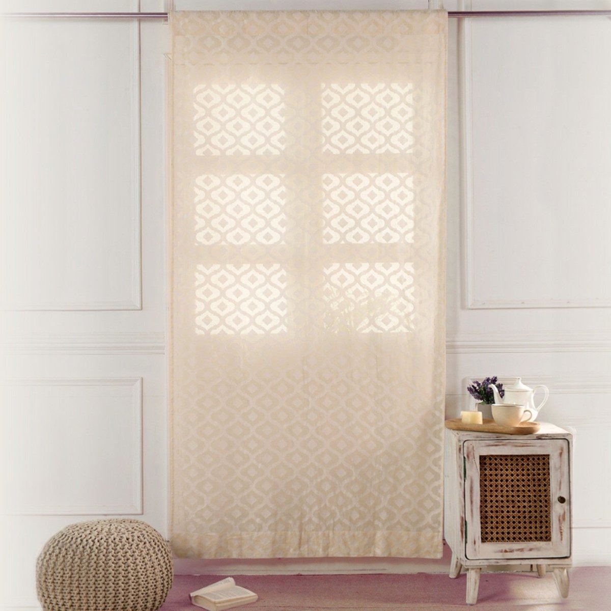 Cotton Semi Sheer Window Curtains |5 and 7 Feet | Handwoven Beige and White Cutwork| Handmade In India - 7 Feet / Pack Of 1 / White