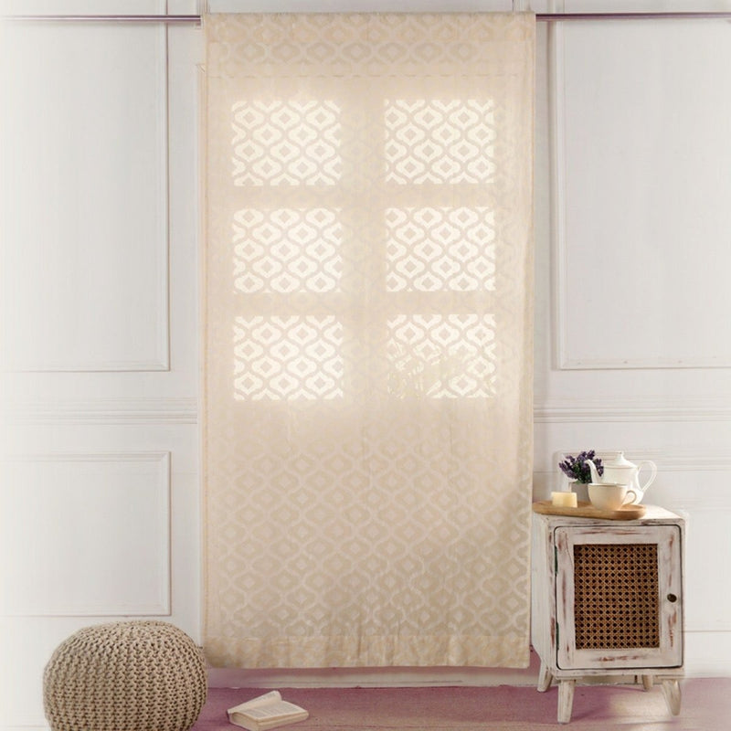 Cotton Semi Sheer Window Curtains |5 and 7 Feet | Handwoven Beige and White Cutwork| Handmade In India - 7 Feet / Pack Of 1 / White