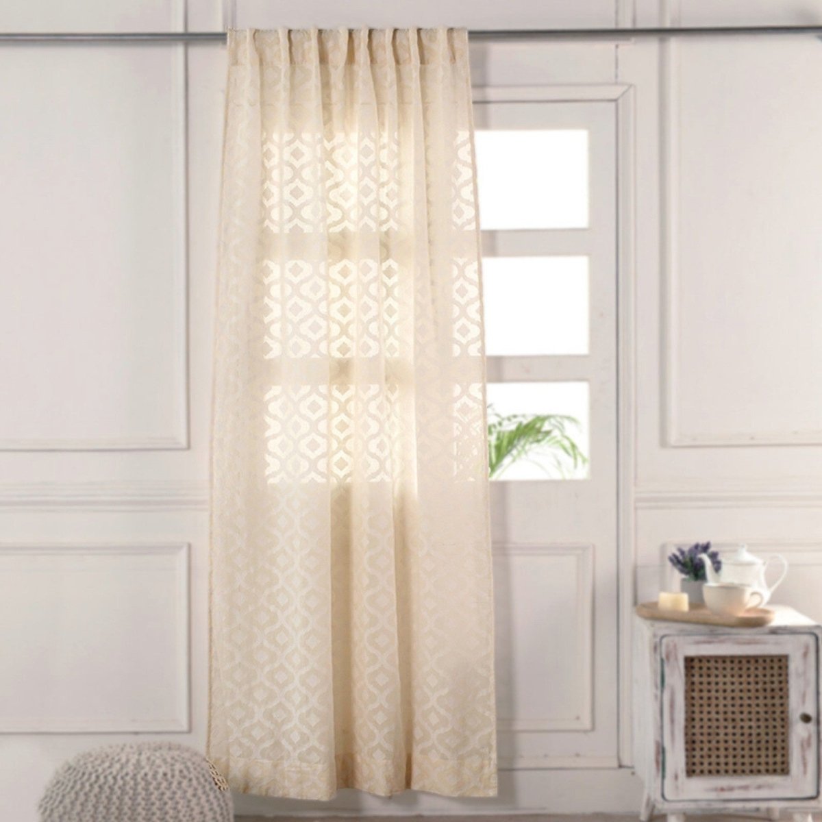 Cotton Semi Sheer Window Curtains |5 and 7 Feet | Handwoven Beige and White Cutwork| Handmade In India - 7 Feet / Pack Of 1 / White