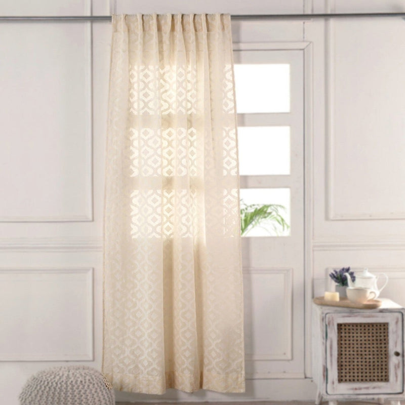 Cotton Semi Sheer Window Curtains |5 and 7 Feet | Handwoven Beige and White Cutwork| Handmade In India - 7 Feet / Pack Of 1 / White