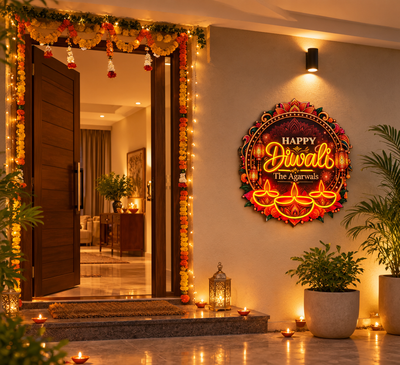 Custom Name Diwali Diya Neon with Glowing Motion Flames – at a home entrance