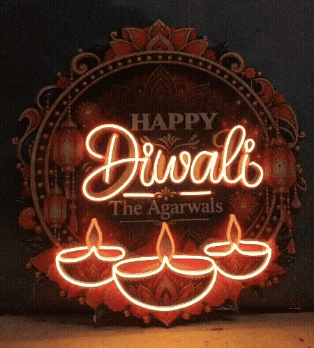 Custom Name Diwali Diya Neon with Glowing Motion Flames – flickering flames