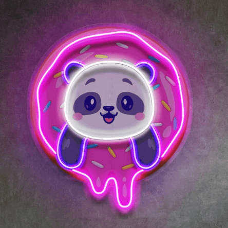 Neon sign of a panda bear inside a donut shape on a wall above a living room.