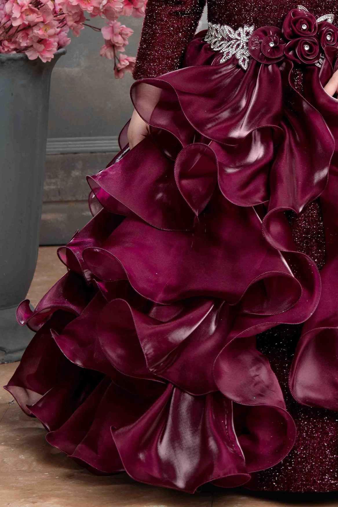 Designer Multilayer Ruffled Maroon Gown With Floral Embellishments For Girls