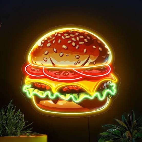 Classic Burger Neon Sign – Multicolor LED Hamburger Wall Light for Restaurant & Café
