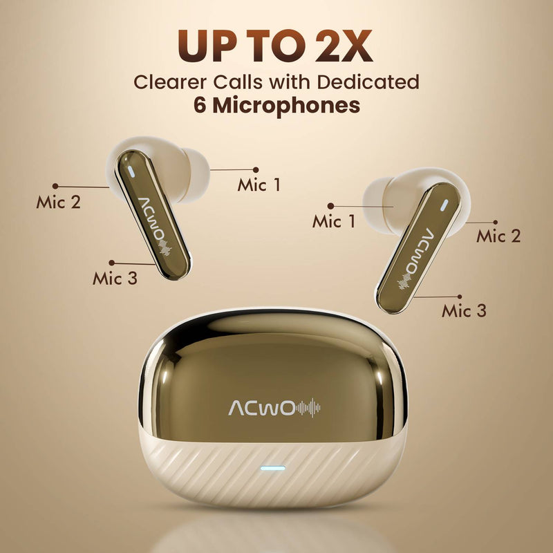 ACwO DwOTS 333 Hybrid ANC 48dB, 120H Playtime, Dual Pairing, 10mm Drivers Bluetooth Headset (Champagne Gold, True Wireless)