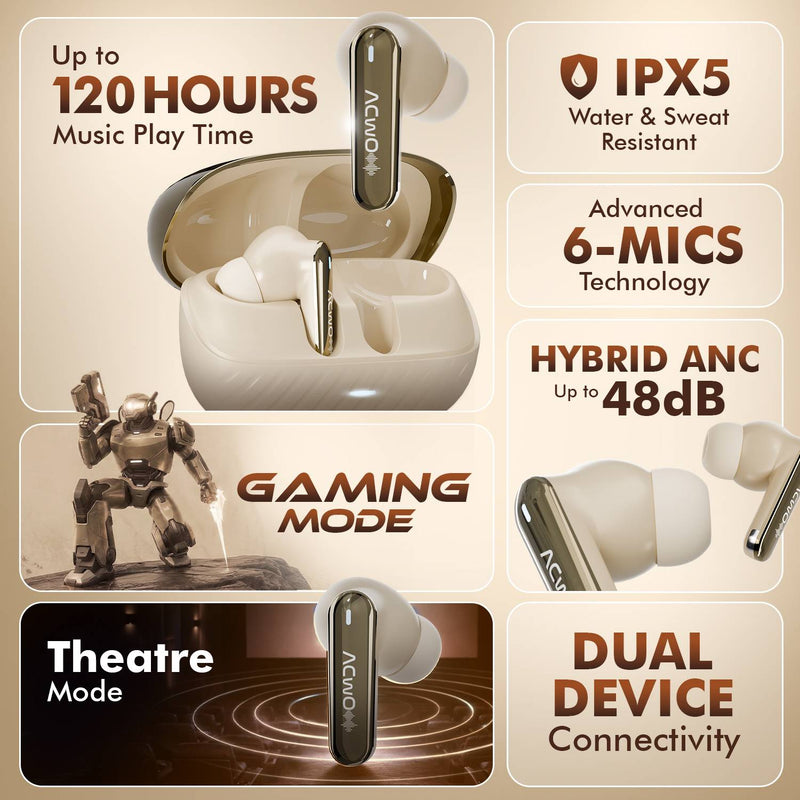 ACwO DwOTS 333 Hybrid ANC 48dB, 120H Playtime, Dual Pairing, 10mm Drivers Bluetooth Headset (Champagne Gold, True Wireless)