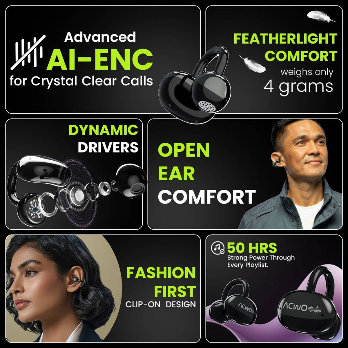 ACwO DwOTS Flow Open-Ear Listening, 50h Playtime ENC, Dual Connectivity, OWS Bluetooth Headset