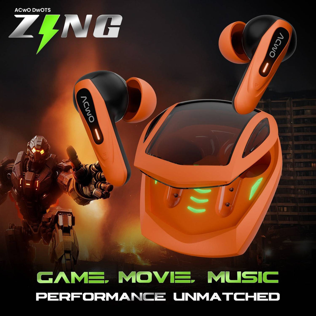 ACwO DwOTS Zing with up to 65H Playtime, Game Mode, up to 32 dB ANC Bluetooth Gaming Headset (Blaze Orange, True Wireless)
