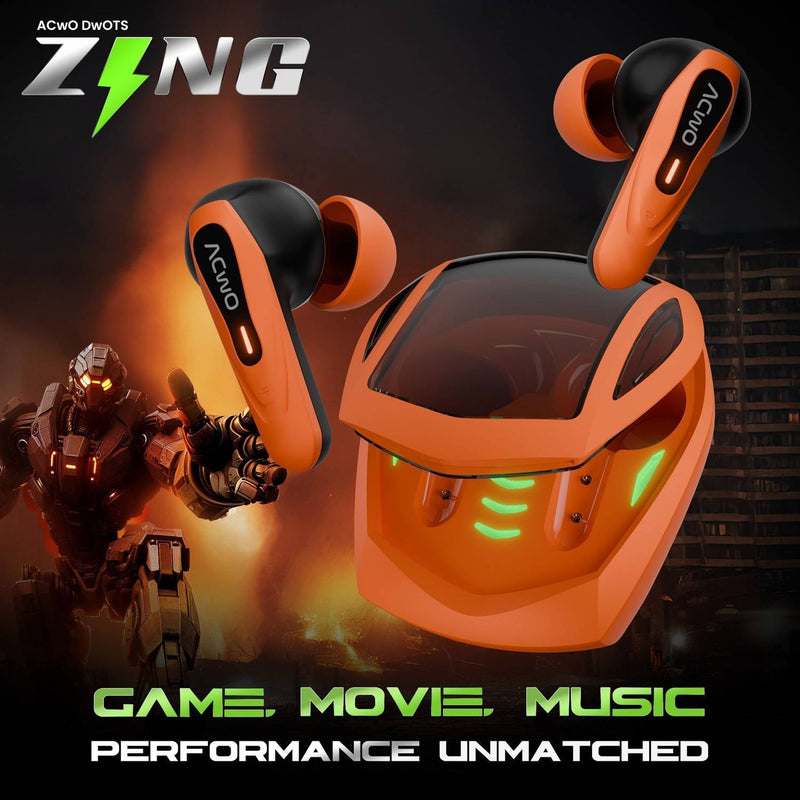 ACwO DwOTS Zing with up to 65H Playtime, Game Mode, up to 32 dB ANC Bluetooth Gaming Headset (Blaze Orange, True Wireless)