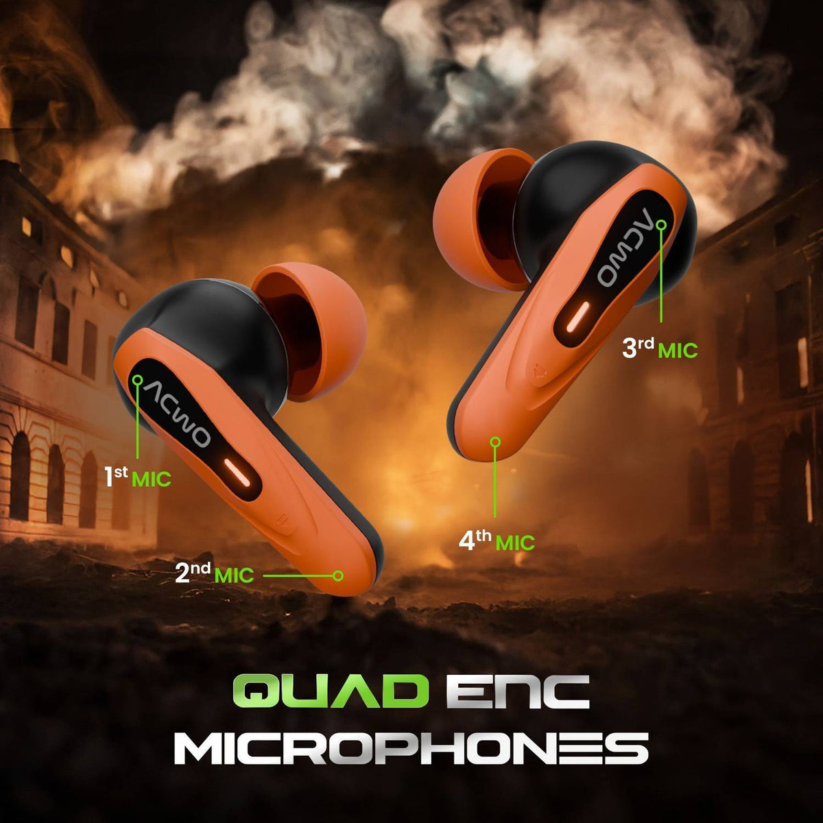 ACwO DwOTS Zing with up to 65H Playtime, Game Mode, up to 32 dB ANC Bluetooth Gaming Headset (Blaze Orange, True Wireless)