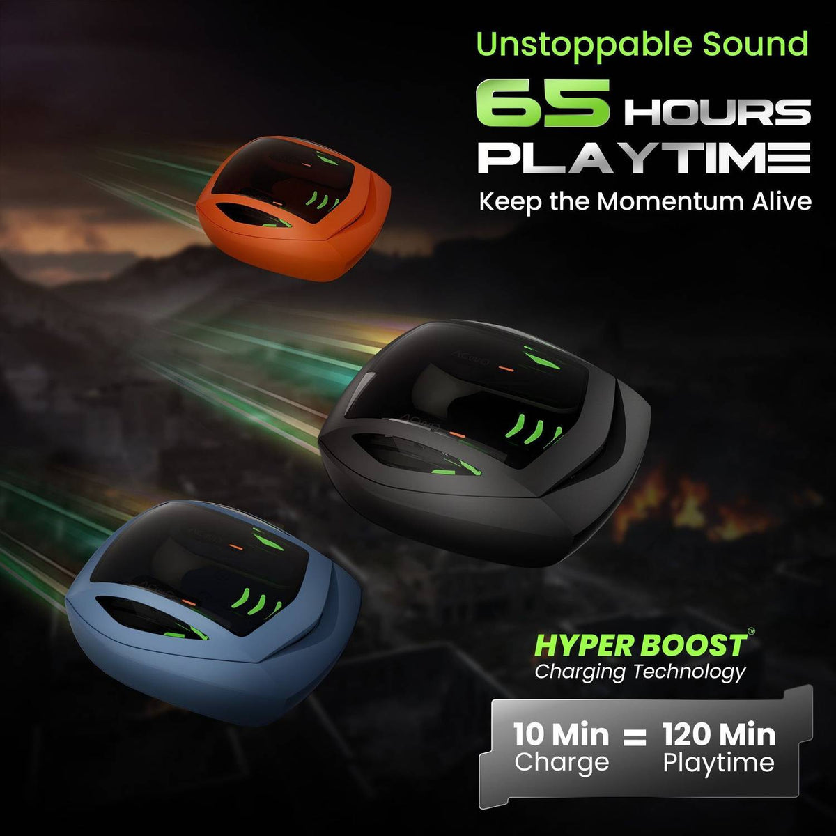 ACwO DwOTS Zing with up to 65H Playtime, Game Mode, up to 32 dB ANC Bluetooth Gaming Headset (Blaze Orange, True Wireless)