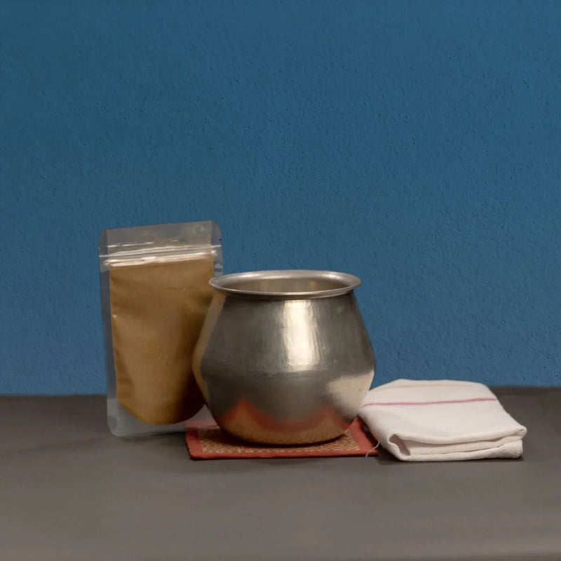Eeya Chombu-Tin Vessel Mambazham Shape with Rasam Starter Kit-Zishta Traditional Cookware