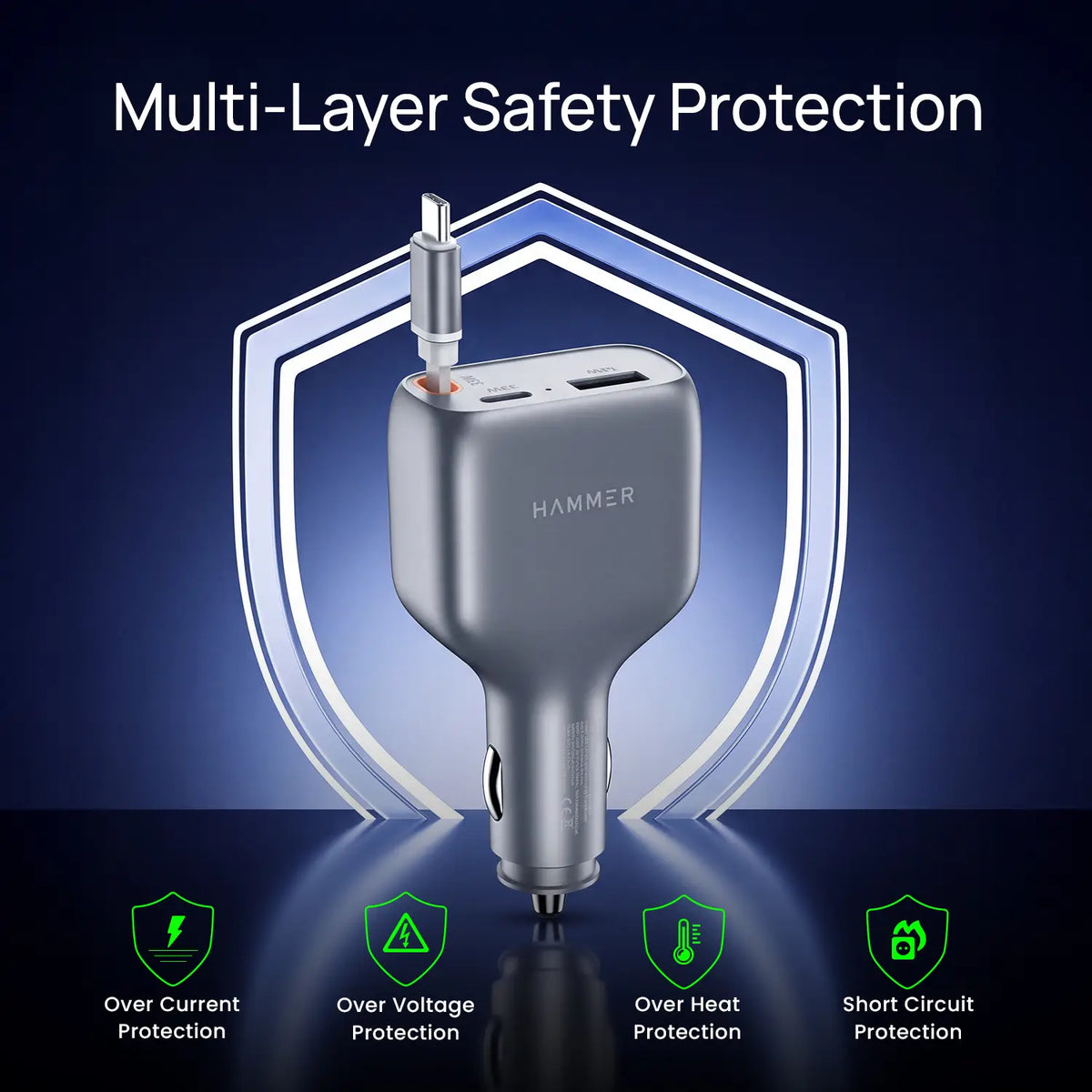 HAMMER 84W 3 in 1 Car Charger, 85 cm Retractable Cable (33W Type-C PD), Dual Port (18W USB Type-A & 33W Type-C) for Laptop, Android, iPhone, Earbuds-5