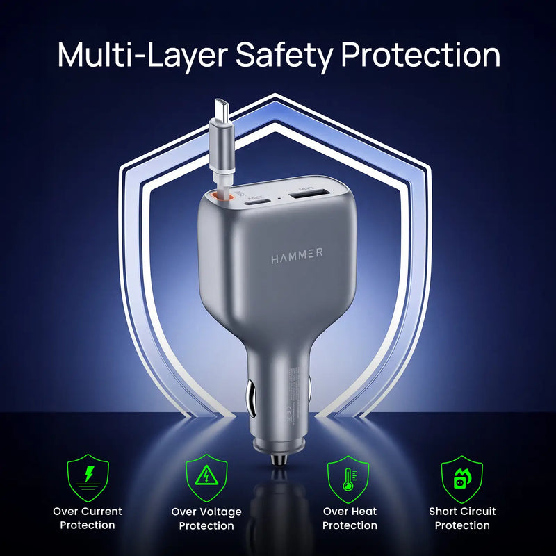 HAMMER 84W 3 in 1 Car Charger, 85 cm Retractable Cable (33W Type-C PD), Dual Port (18W USB Type-A & 33W Type-C) for Laptop, Android, iPhone, Earbuds-5