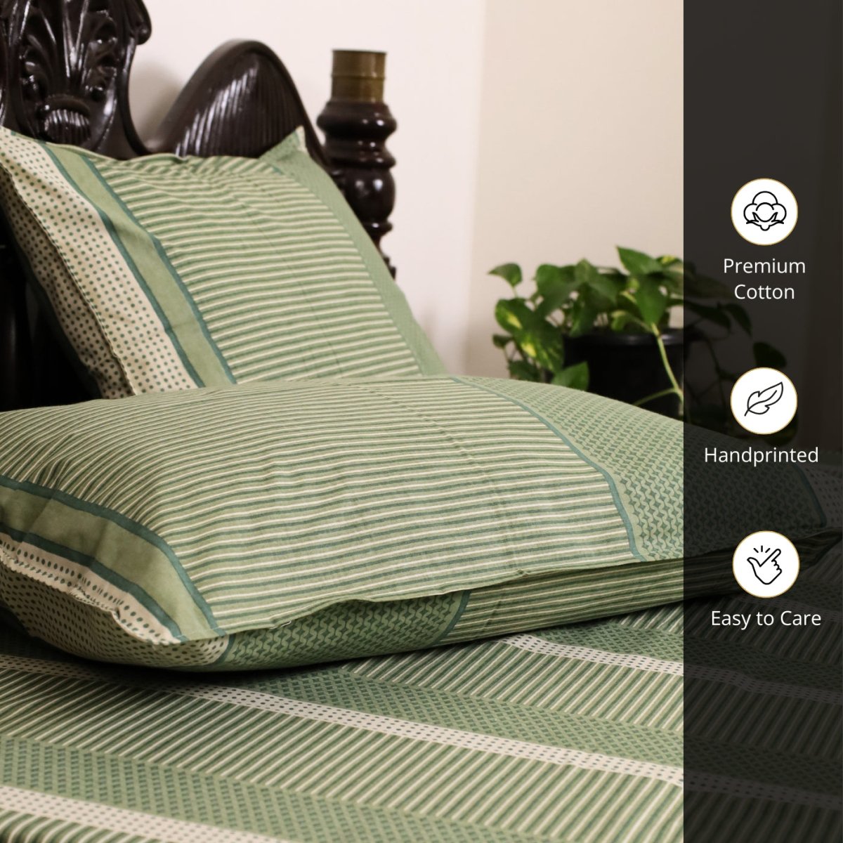 Cotton Bed sheet for Double bed with 2 Pillow Covers | Handprinted  Textured Design in Fern Green & Off White |Marigold Collection