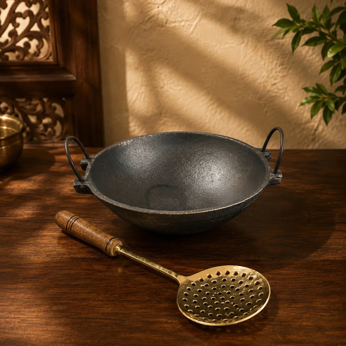 Festival cooking set cast iron kadai large with brass skimmer ladle. Zishta Festival Combo.