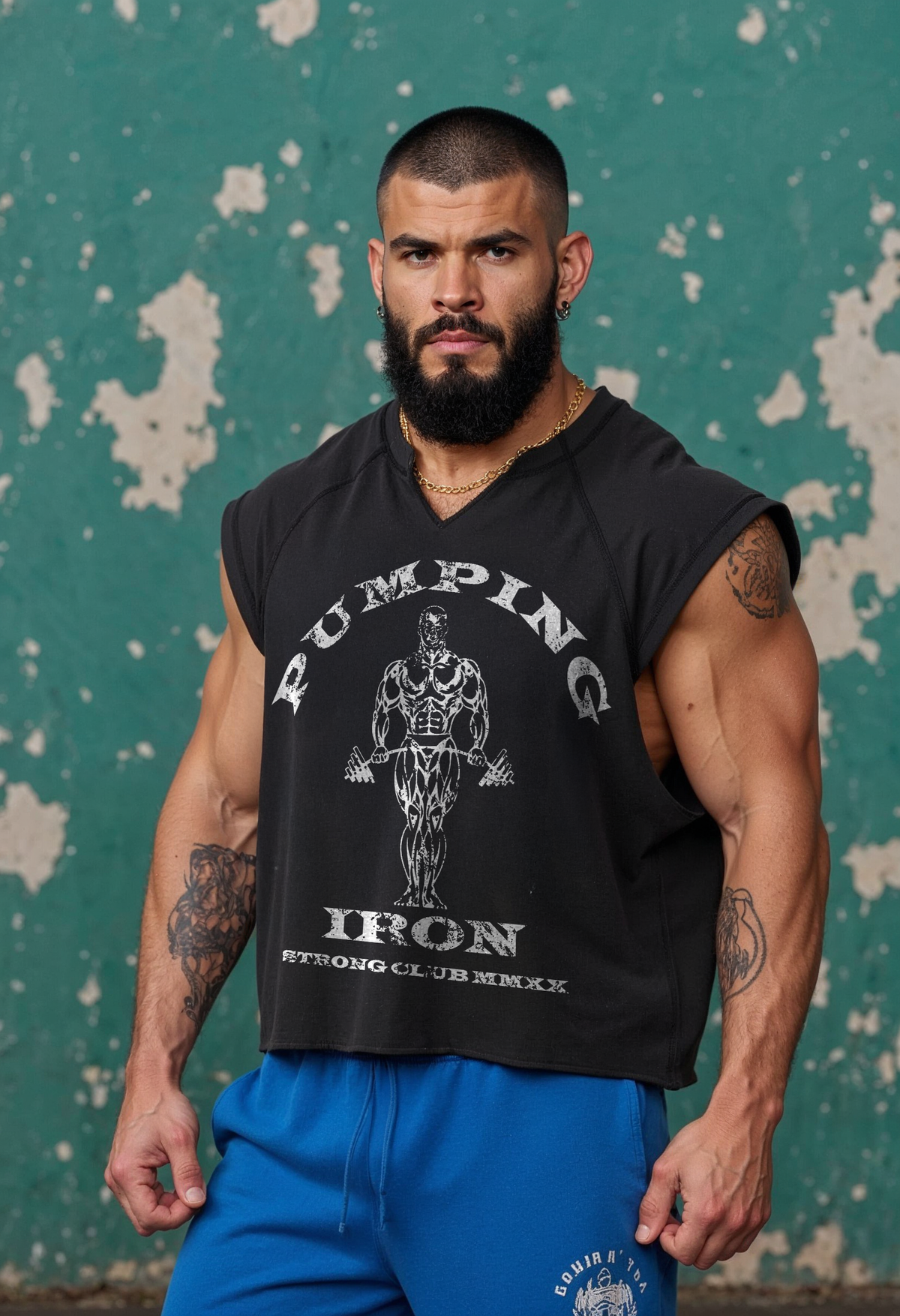 Black - T107 - Pumping Iron - Gym Vintage Cut Offs