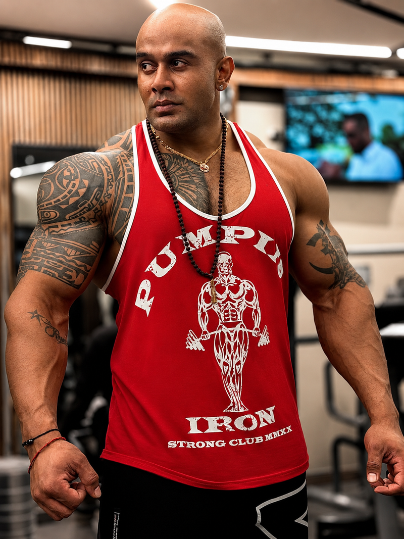 Red White - T109 - Pumping Iron - Gym Tank Top
