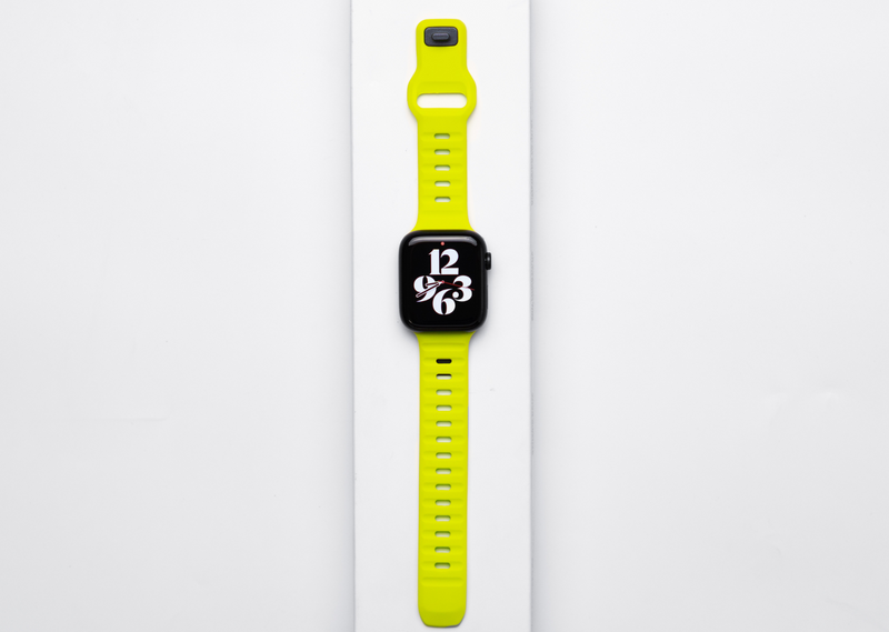 Fluorescent Green Rugged Silicone Apple Watch Band with Pin & Tuck Closure.