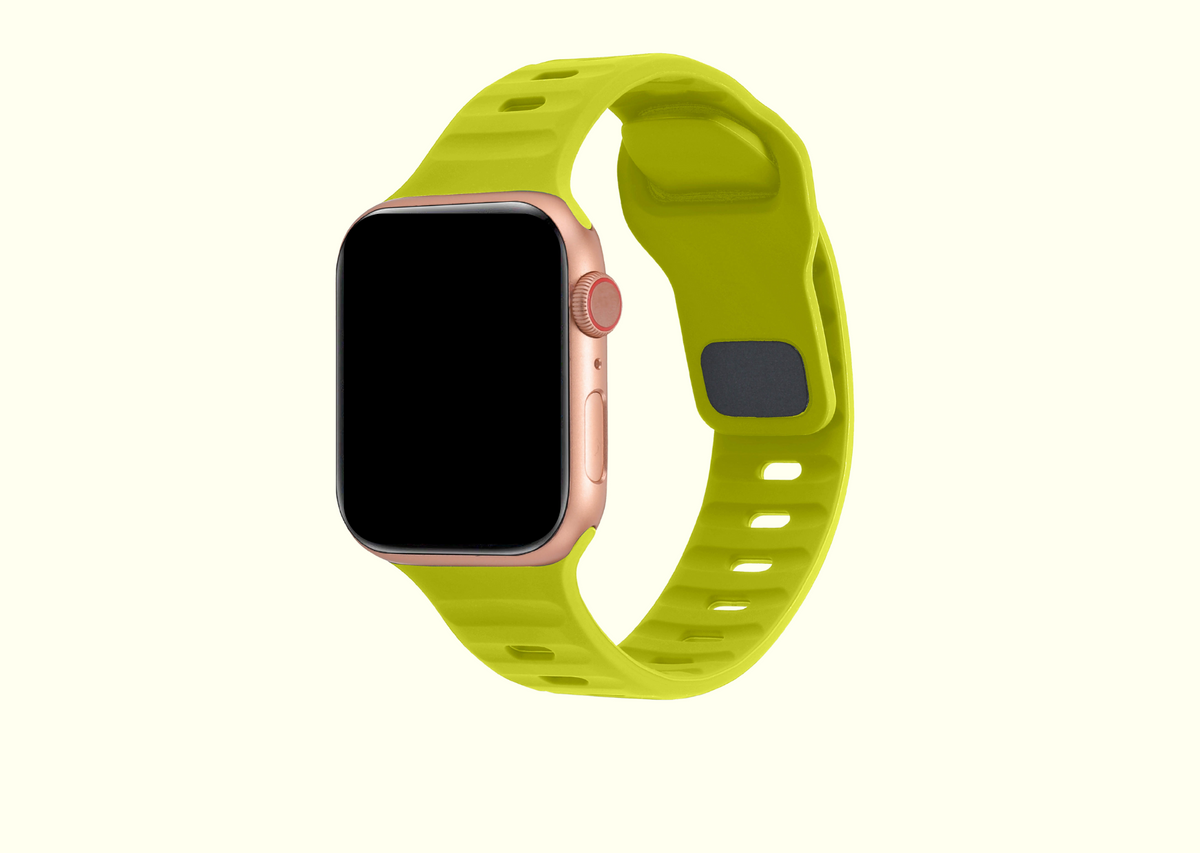 Fluorescent Green Rugged Silicone Apple Watch Band with Pin & Tuck Closure.