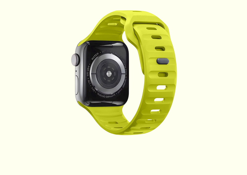 Fluorescent Green Rugged Silicone Apple Watch Band with Pin & Tuck Closure.