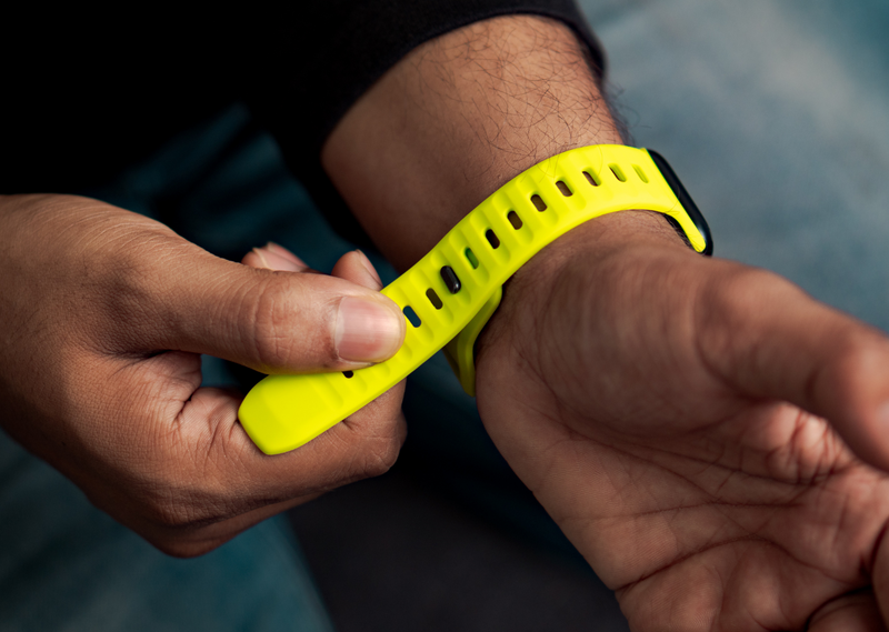 Fluorescent Green Rugged Silicone Apple Watch Band with Pin & Tuck Closure.