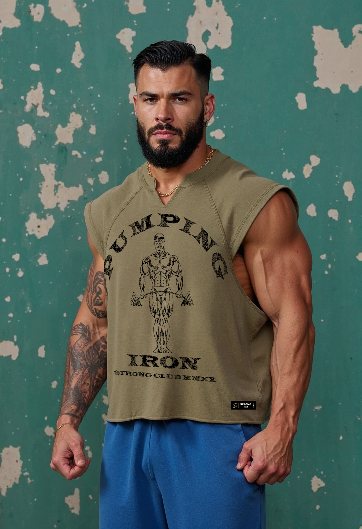 Army Green - T107 - Pumping Iron - Gym Vintage Cut Offs