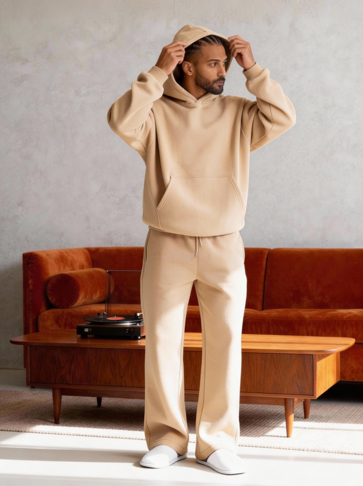 Beige - Flat Pants + Hoodie Co-ord