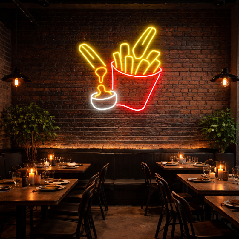 French Fries & Sauce Neon Wall Light – Fast Food Glow Neonsignsindia