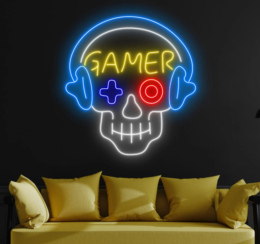 Gamer Skull Neon Sign – LED Gaming Room Wall Light Game Room 20x20 inches Neonsignsindia
