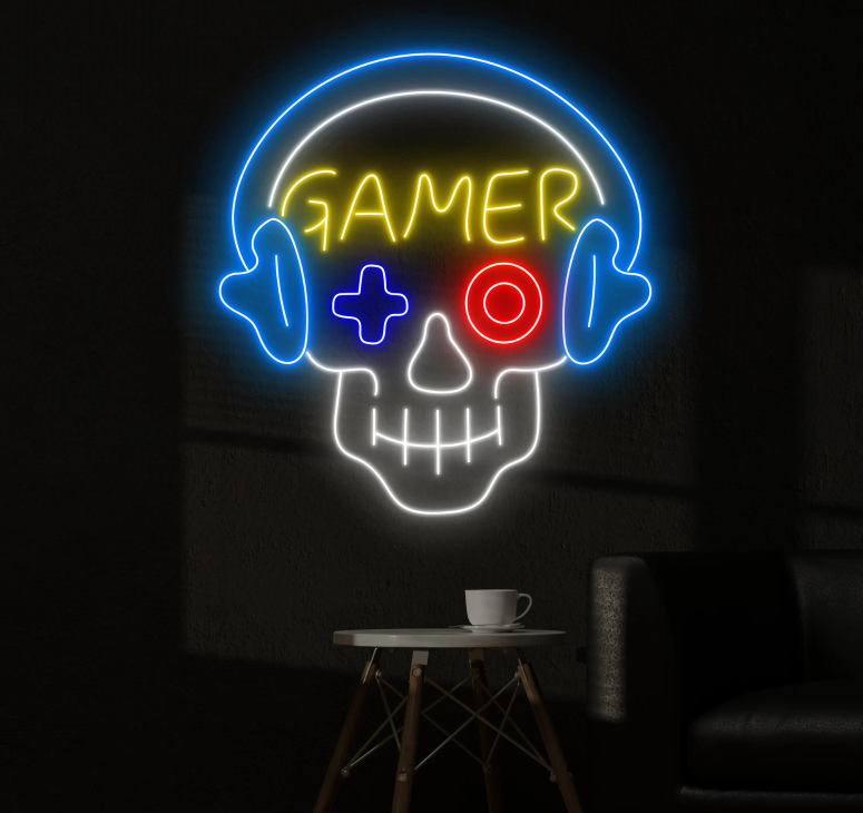Gamer Skull Neon Sign – LED Gaming Room Wall Light Game Room 20x20 inches Neonsignsindia