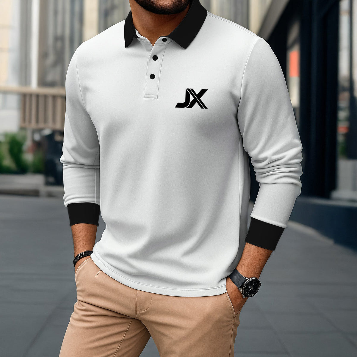 WHITE SLEEVE POLO NECK T-SHIRT