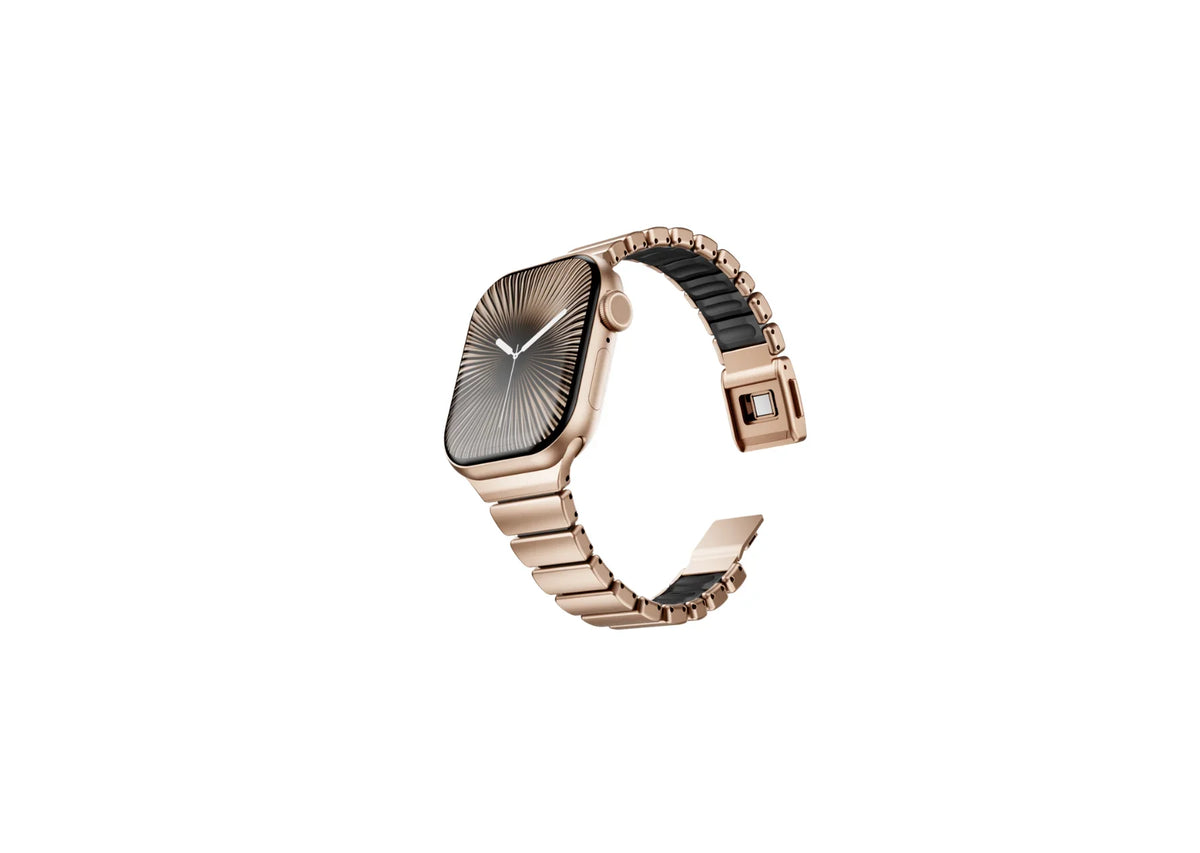 Gold and black Fusion stainless steel Apple Watch strap for women featuring premium stainless steel outer links, soft black silicone comfort lining and secure butterfly clasp, compatible with Apple Watch Ultra 3, Ultra 2, Ultra, Series 11, Series 10, Series 9, Series 8 and Apple Watch SE.