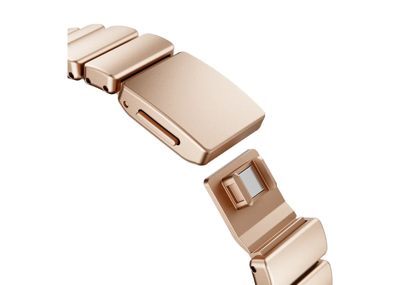 Exterior view of the gold Fusion stainless steel Apple Watch strap featuring elegant gold metal links and premium butterfly deployment clasp, compatible with Apple Watch Ultra 3, Series 11, Series 10 and Apple Watch SE.