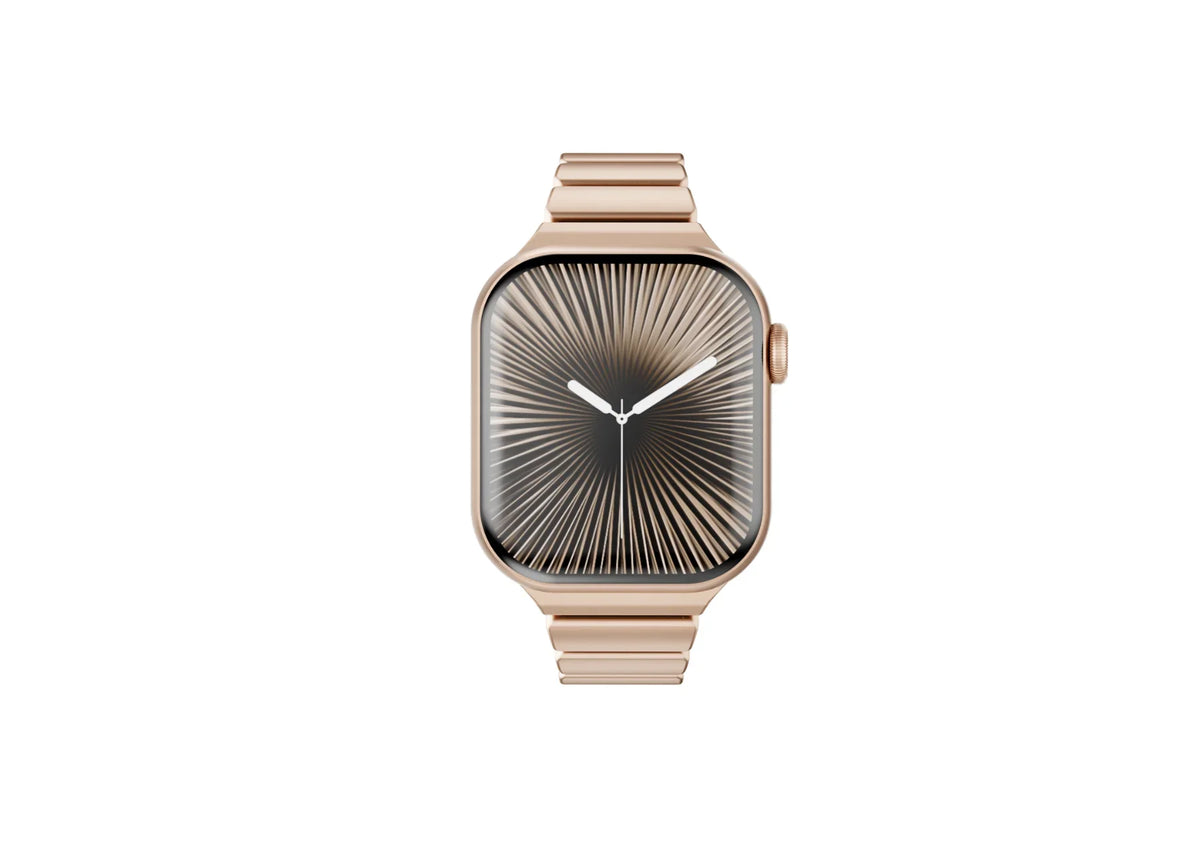 Side profile of the gold and black Fusion Apple Watch band highlighting premium stainless steel links, soft black silicone interior and secure butterfly clasp for Apple Watch Ultra 3, Series 11, Series 10 and Apple Watch SE.