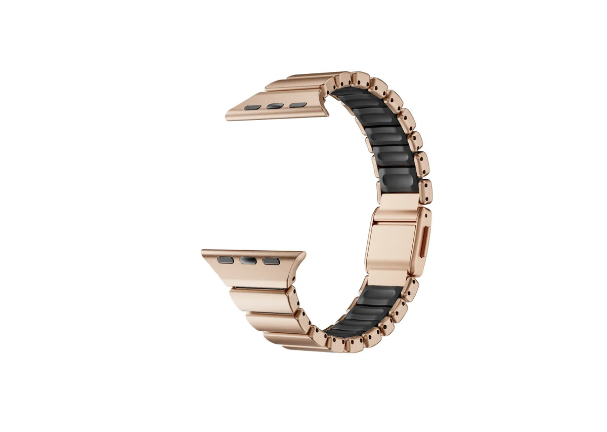 Rear view of the gold Fusion Apple Watch strap showcasing premium stainless steel construction, soft black silicone comfort lining and secure butterfly clasp for Apple Watch Ultra 3, Series 11 and Apple Watch SE.